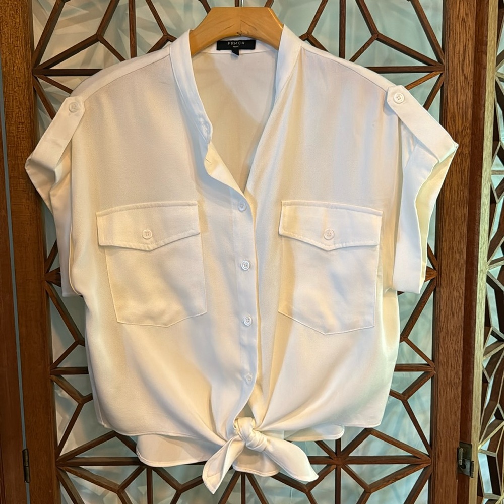 FRNCH White Tie Front Button-up Top